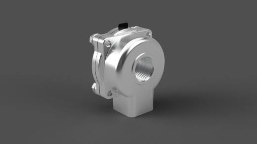 GOYEN RCAC25T4002隔膜阀的3D模型。该阀本身是一个空气脉冲控制阀，用于瞬间喷射空气。阀门有1英寸NPT入口和出口，以及用于脉冲控制的1-8英寸NPT端口缩略图
